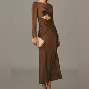 Bardot Daring Satin Long-Sleeve Brown Maxi Dress Size 12